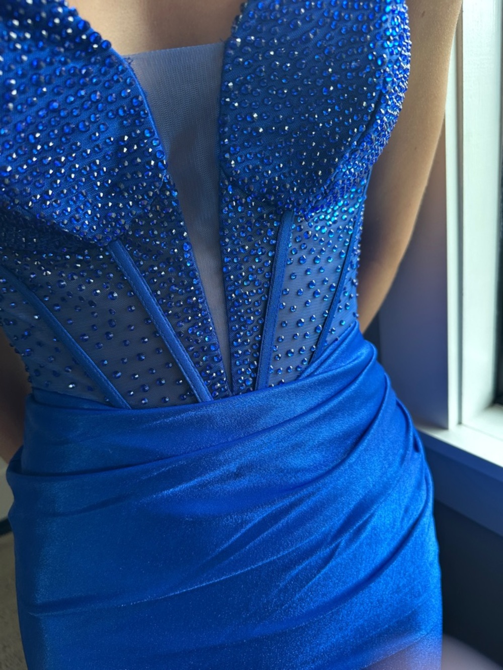 Strapless Royal Blue Evening Gown with Beaded Bodice - Picture 2 of 3